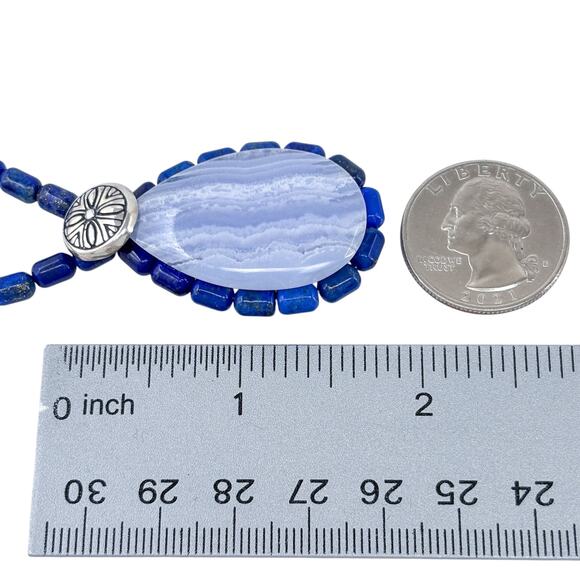 Estate Sterling Silver 925 Blue Lace Agate Lapis Lazuli Bead Necklace 18-21" - Picture 7 of 8